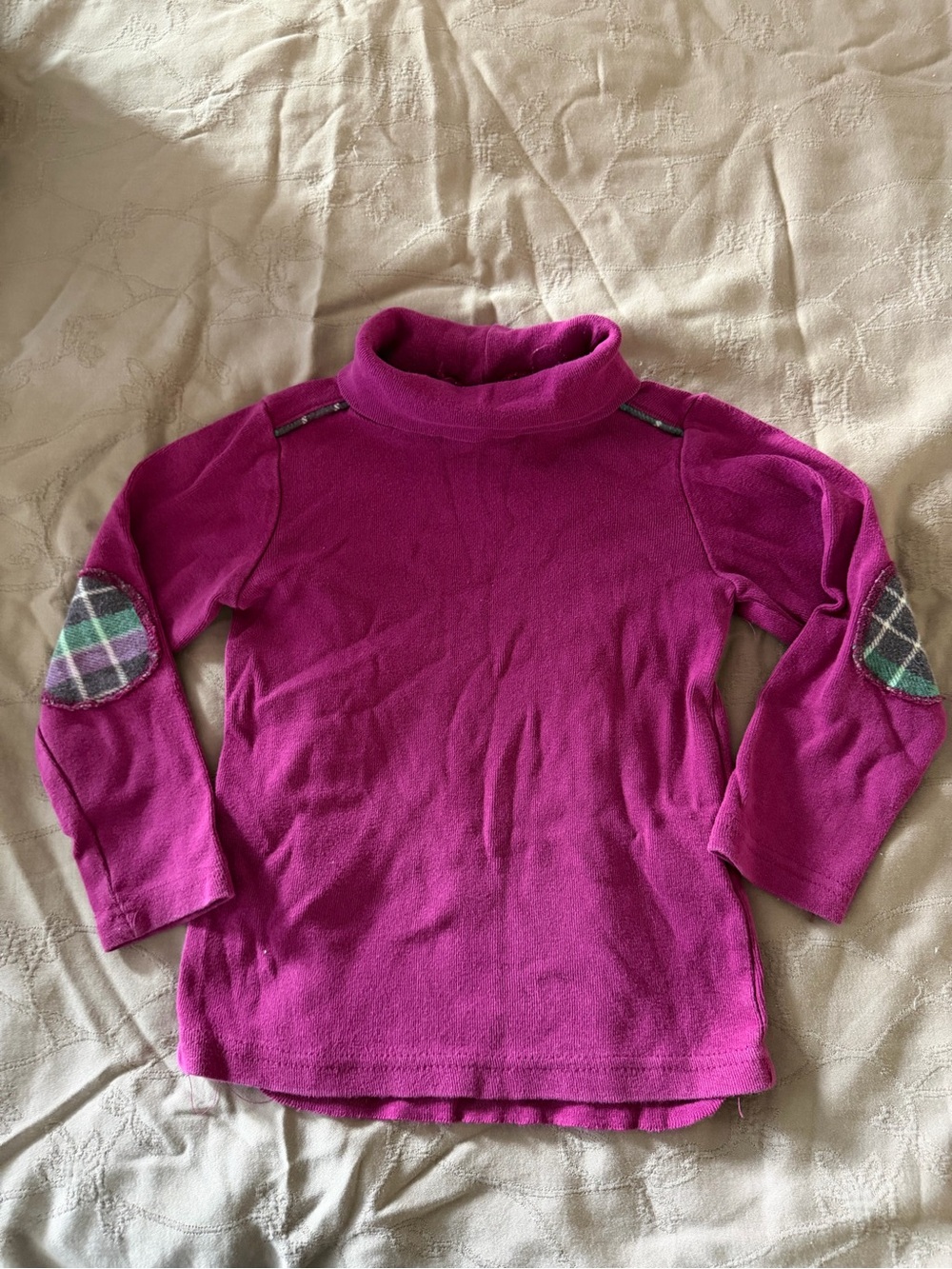 Girls' Fuchsia Fleece Turtleneck with Plaid Elbow Patches